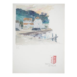René Leverd, Switzerland, Hotel de la Tour in Bouveret, Watercolor For Sale