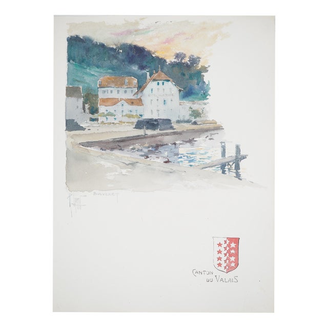 René Leverd, Switzerland, Hotel de la Tour in Bouveret, Watercolor For Sale