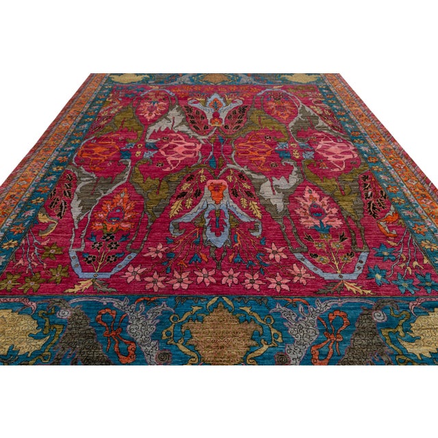 Vibrant Fuchsia & Teal Modern Bidjar Style Wool Rug With Botanical Motifs 10x14 For Sale - Image 10 of 11