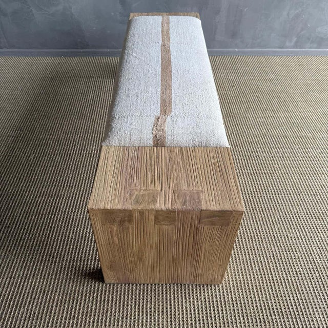 Off-white Casi Reclaimed Elm Bench With Vintage Rug Upholstery by Bloom Home For Sale - Image 8 of 11