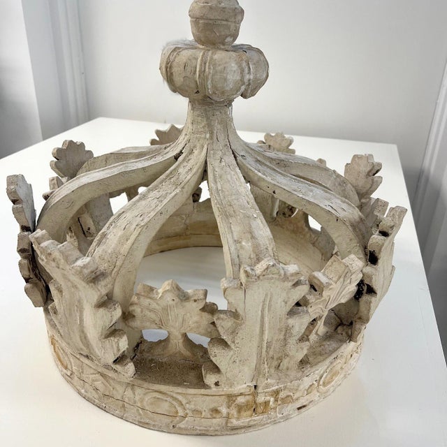 This sculptural French bed canopy crown, carved in openwork wood and painted in a soft chalky gray-white, dates to the...