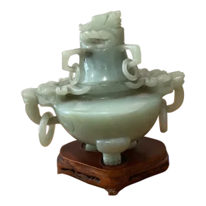Antique Chinese Natural Jade Hand Carved Tripod Incense Burner With Wooden Base
