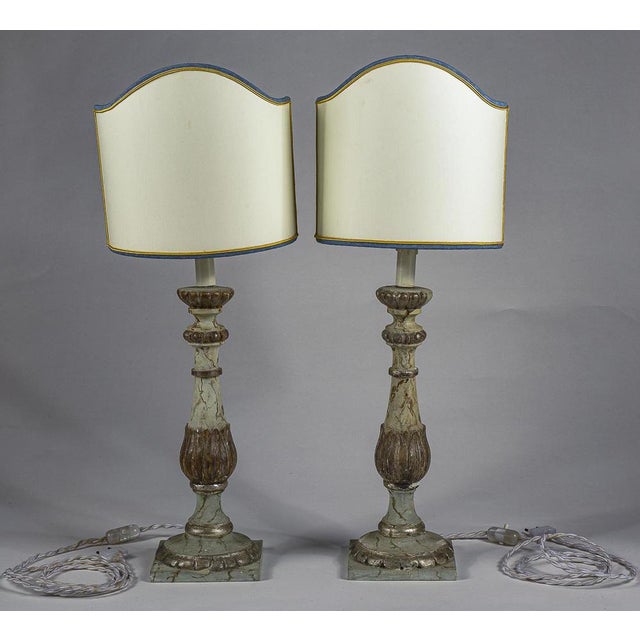 19th Century Candelabra Lamps in Lacquered Wood with Faux Marble Finish, Set of 2 For Sale - Image 6 of 8