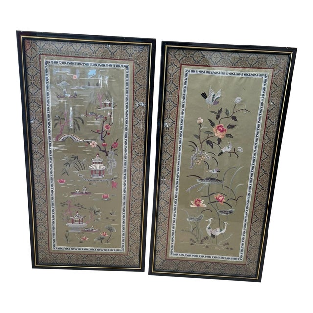 Pair of Vintage Chinese Silk Embroidery Panel Framed For Sale
