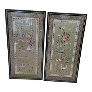 Pair of Vintage Chinese Silk Embroidery Panel Framed