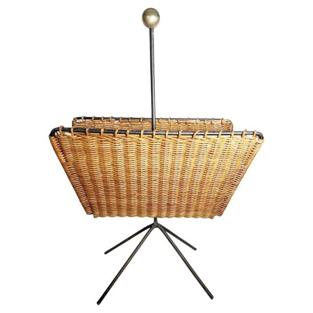 Rattan, Metal and Brass Magazine Rack, France, 1950s For Sale - Image 10 of 10