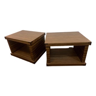 1970s Set of Two Postmodern Cube Side Tables With Brass Corner Brackets For Sale