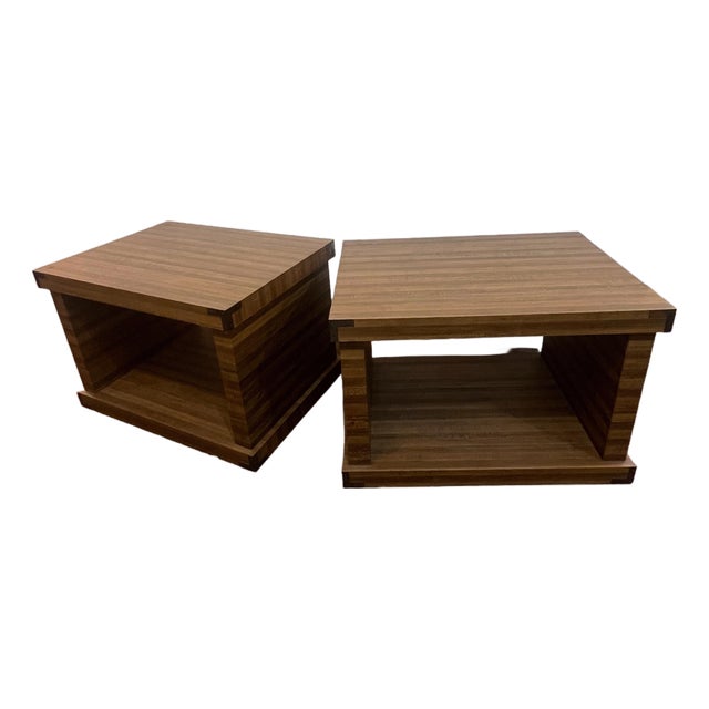 1970s Set of Two Postmodern Cube Side Tables With Brass Corner Brackets For Sale