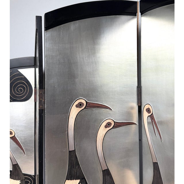 Art Deco Style Six-Panel Silver Leaf Crane Screen, Hong Kong, Circa 1980 For Sale - Image 16 of 18