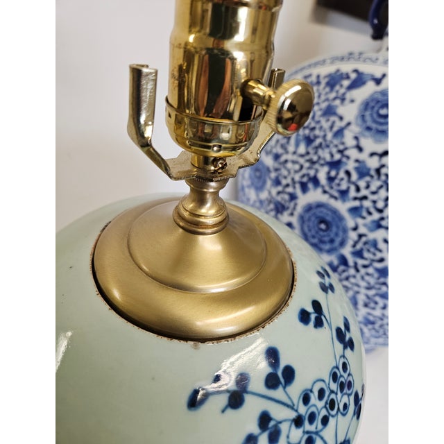 Mid 20th Century Chinese Blue Decorated Celedon Ginger Jar as a Table Lamp For Sale - Image 5 of 5