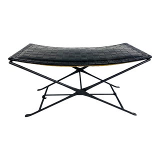 Handsome Leather and Wrought Iron Military Campaign Style Bench. For Sale