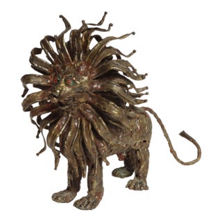 Vintage Brutalist Embossed Brass and Steel Lion Sculpture by Pal Kepenyes For Sale