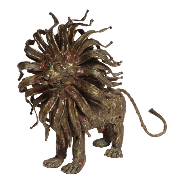 Vintage Brutalist Embossed Brass and Steel Lion Sculpture by Pal Kepenyes For Sale