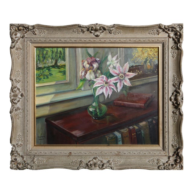 Still Life of Flowers on Bookshelf, Amanda Venelia Van Der Voort For Sale