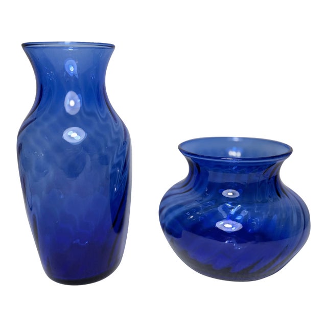 1980s Set of 2, Cobalt Blue Hand-Blown Studio Art Glass Vases, 7” & 4” For Sale
