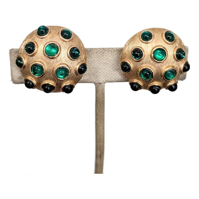 Vintage 1960s Signed Trifari Round Goldtone Cabochon Faux-Emerald Clip Earrings-2 Pieces For Sale