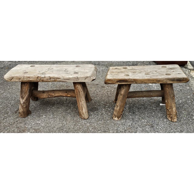 Greige Mid 20th Century Early American Style Rustic Stretcher Pine Log Bench For Sale - Image 8 of 8