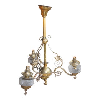 Antique Victorian Coverted Brass Three Arm Glass Oil Lamp Chandelier For Sale