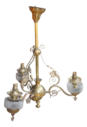 Antique Victorian Coverted Brass Three Arm Glass Oil Lamp Chandelier