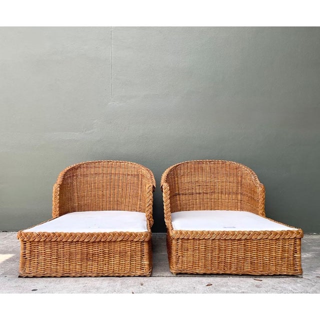 Wood Vintage Braided Rattan Chaise Lounges - Pair For Sale - Image 7 of 15
