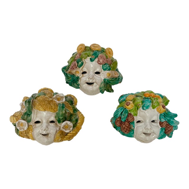Set of 3 Vintage Italian Majolica Wall Faces – Hand-Painted Amalfi/Sicilian Coastal Style For Sale