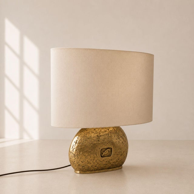 1970s Italian Massive Cast Brass Table Lamp With Oval Shade For Sale - Image 6 of 7