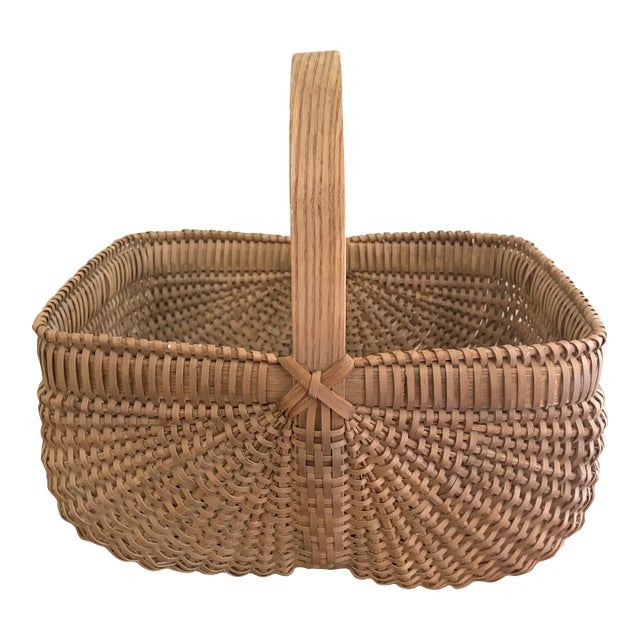 Vintage Nantucket-Style Handwoven Rattan Gathering Basket For Sale