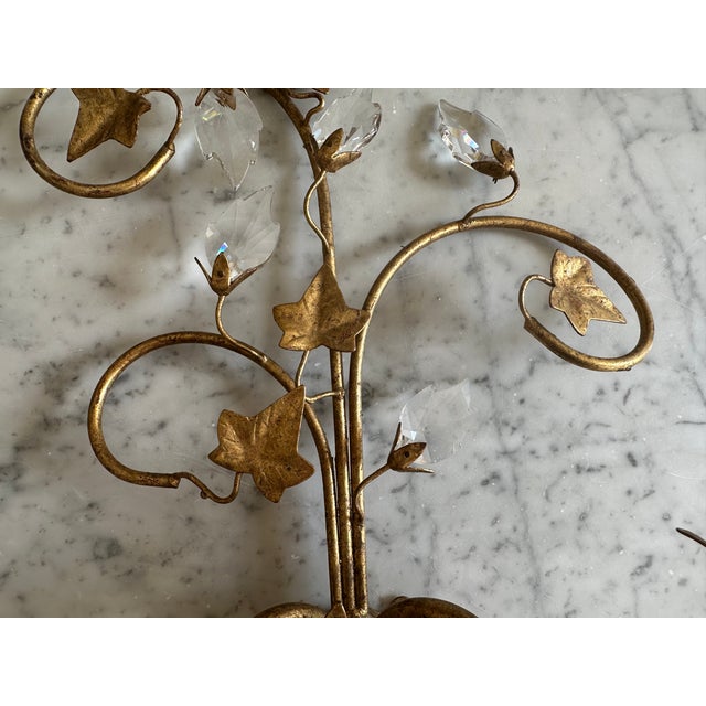 Florentine Gilt Wall Sconces with Glass Ivy Leaves, 1970s, Set of 2 For Sale - Image 4 of 16