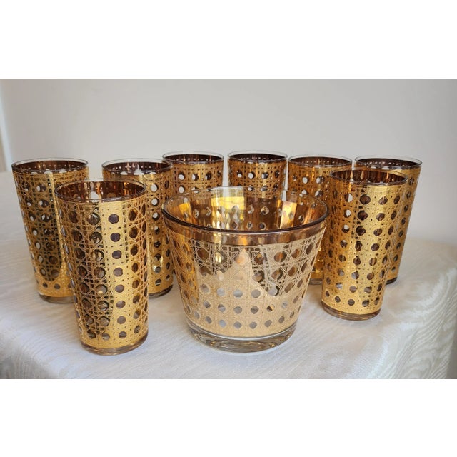Vintage Culver Canella Highball Glasses and Ice Bucket With 22k Gold Overlay - Set of 9 For Sale In New York - Image 6 of 16