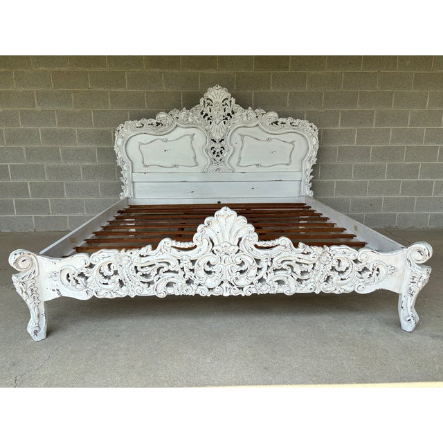 Description: Italian Rococo Style Shabby Chic Distressed King Size Bed Frame. Normal Age Wear, Side rails hook together...