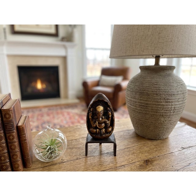 1980s Vintage Oval Egg Shape Wood Relief Carved Ganesha Meditation Figure For Sale - Image 5 of 8