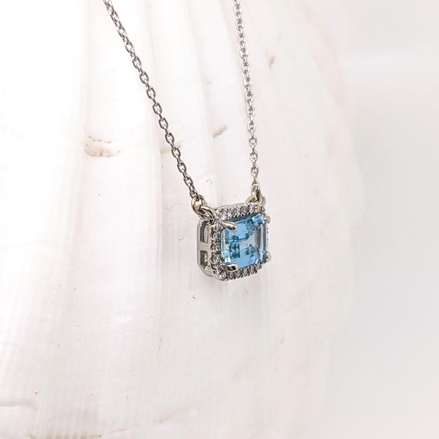 Aquamarine Pendant Necklace w Earth Mined Diamonds in Solid 14K Gold EM 5x7mm For Sale - Image 4 of 8