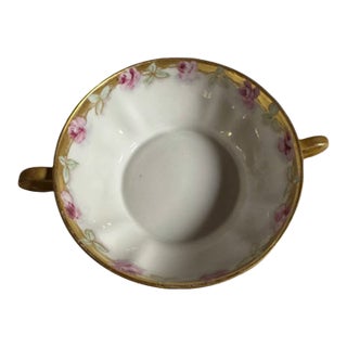 Antique Haviland Cream Soup With Handles. Gold and Rose Pattern. For Sale