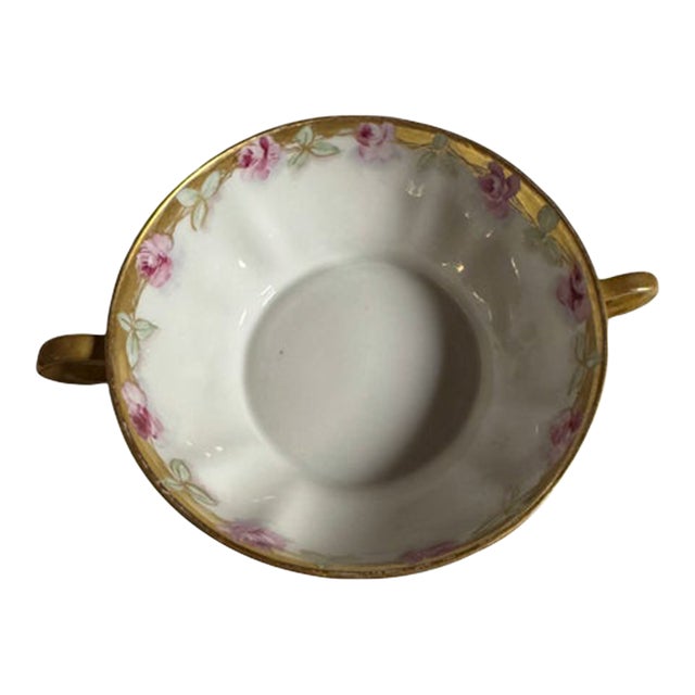 Antique Haviland Cream Soup With Handles. Gold and Rose Pattern. For Sale