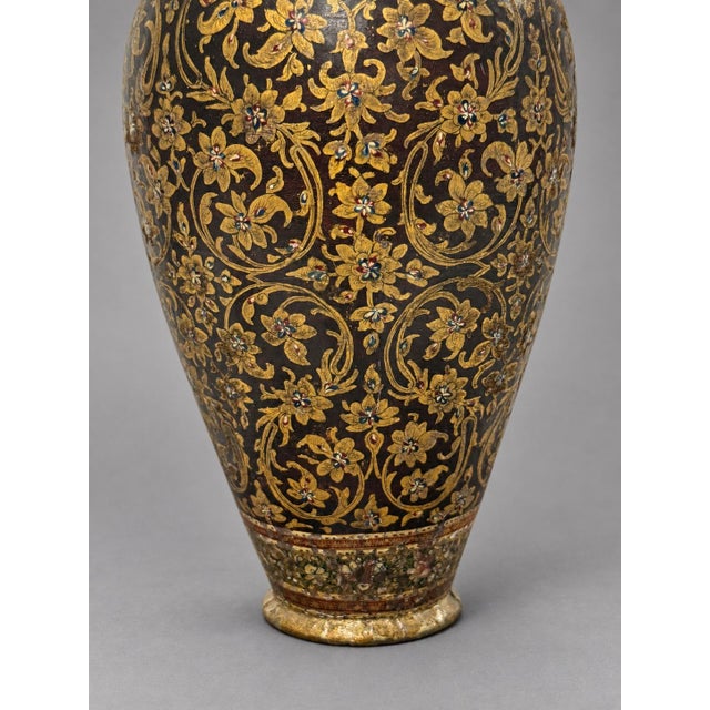 A fine antique Kashmiri lacquered papier-mache lidded vase, Northern India, 19th century or possibly earlier, of baluster...
