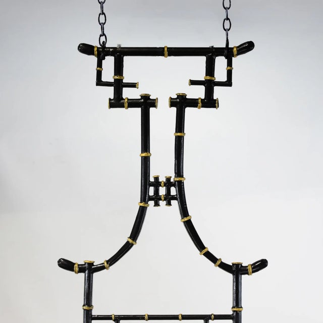 Black Vintage Black and Gold Bamboo-Inspired Iron 60-Inch Double-Ended Pool Table/Long Dining Table Pendant Light For Sale - Image 8 of 12