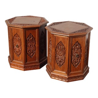 Pair of Vintage Brown Carved Octagon End Tables ~ French Country Mediterranean For Sale
