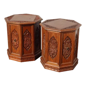 Pair of Vintage Brown Carved Octagon End Tables ~ French Country Mediterranean