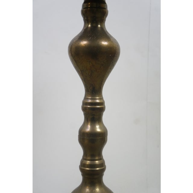 Mid 20th Century 2 Moroccan Etched Brass Altar Floor Candlesticks Candle Holders 36" For Sale - Image 6 of 13