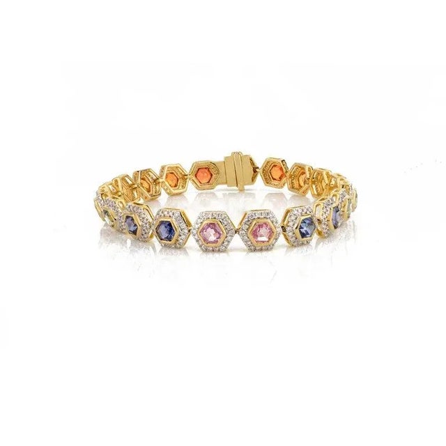 Multi Gemstone and Halo Diamond Hexagon Shape Tennis Bracelet in Yellow Gold For Sale In New York - Image 6 of 7