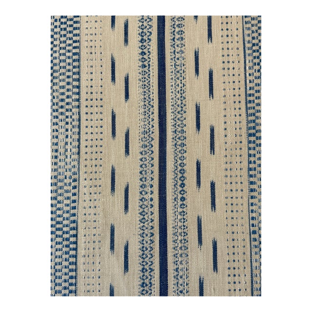 Schumacher Mirza Ikat Stripe Blue on Natural Fabric 2 2/8 Yards For Sale