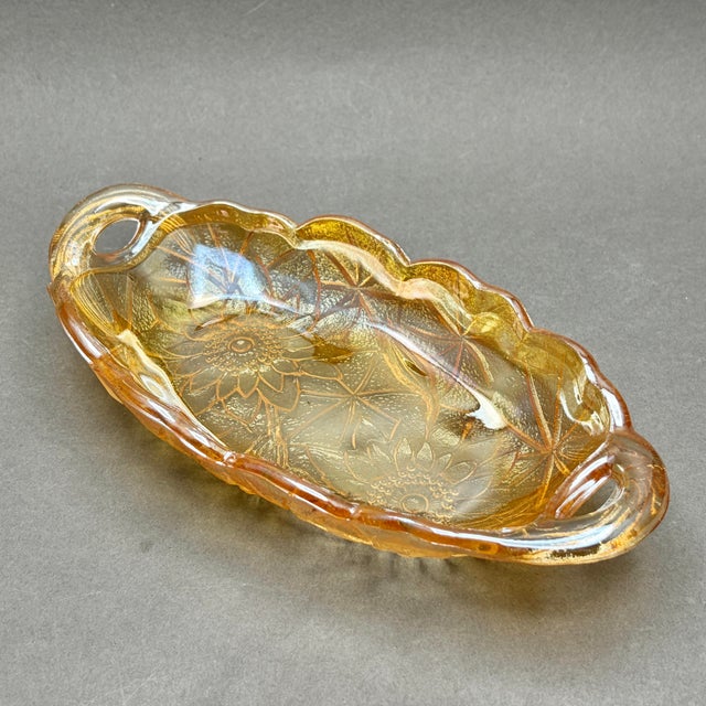 Orange Vintage Indiana Glass “Lily Pons Sunflower” Marigold Carnival Glass Relish Dish With Handles For Sale - Image 8 of 9