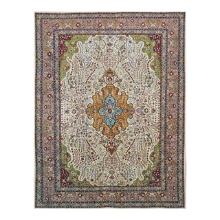 Antique Persian Tabriz Pahlavi Wool 10X13 Ivory, Green, Pink & Taupe Handmade Area Rug #9902869 For Sale