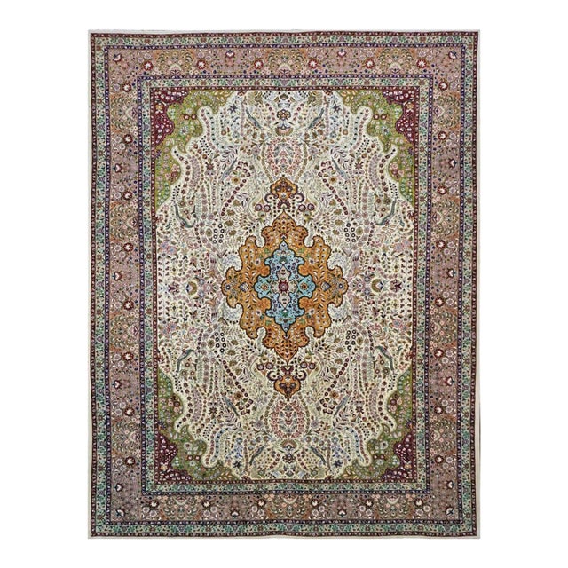 Antique Persian Tabriz Pahlavi Wool 10X13 Ivory, Green, Pink & Taupe Handmade Area Rug #9902869 For Sale