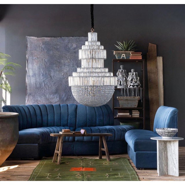 Contemporary Matthew Izzo Home Estelle Navy Velvet Outside Corner Banquette Sofa For Sale - Image 3 of 6