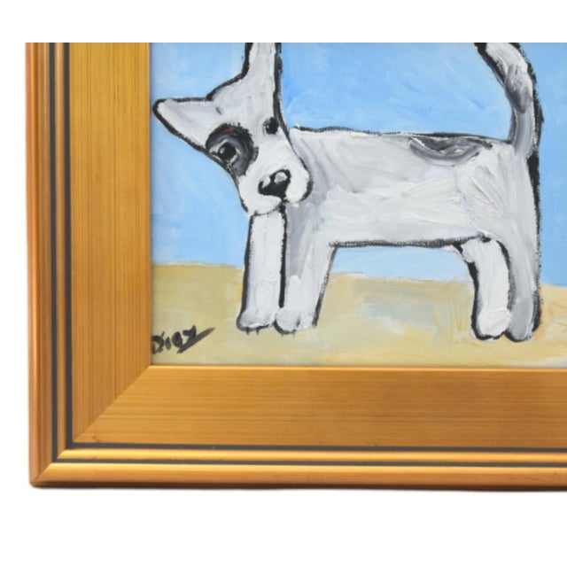 Charming folk-art doggie dog puppy portrait study, oil on artist's canvas panel. Signed by the artist "Diaz" in the lower...