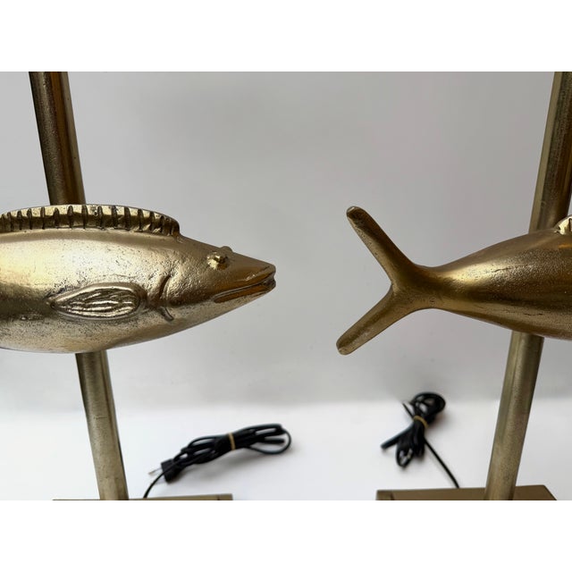 Metal Pair of Fish Lamps Gilt Metal. France, 1990s For Sale - Image 7 of 11