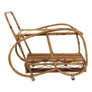 Midcentury Modern Italian Rattan and Glass Serving Bar Cart, 1960s For Sale