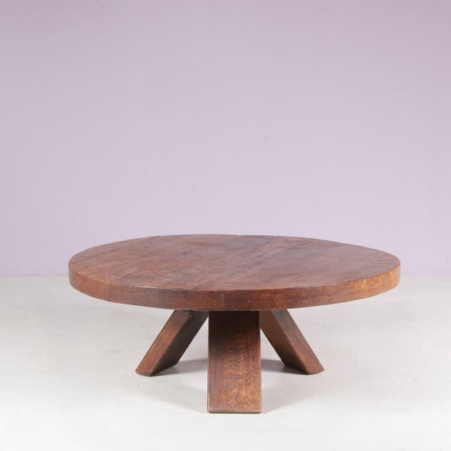 Brutalist Round Oak Wood Coffee Table, Netherlands, 1970s For Sale - Image 6 of 6