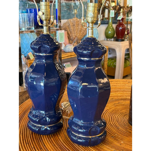 Vintage Palm Beach Pair of Cobalt Blue Ceramic Table Lamps Newly Wired - a Pair For Sale - Image 4 of 10